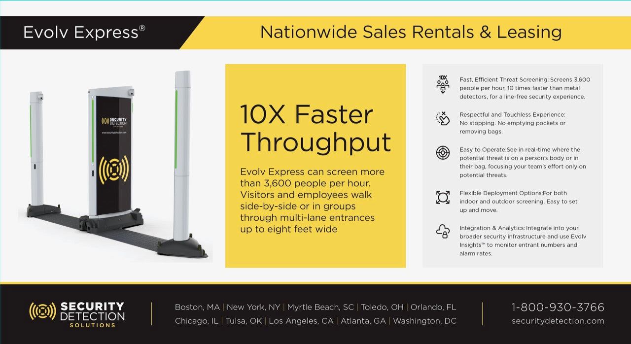 Evolv Technology has proven to be the leader in touchless security checkpoints.  The Evolv Express dual lane system can scan up to 3600 people in hour.  Patrons do not have to empty bags. Secondary screening  is used when a potential threat is detected